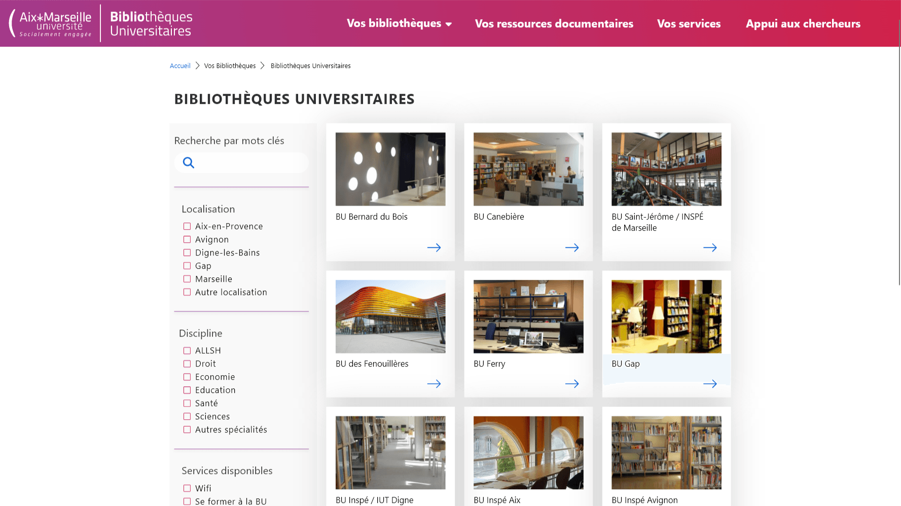 Library directory: keyword search and filters by location, discipline and services next to a grid of library cards