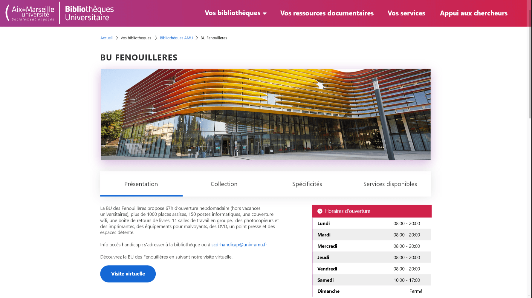 Library page (BU Fenouillères): tabs for presentation, collection and services, with opening hours highlighted