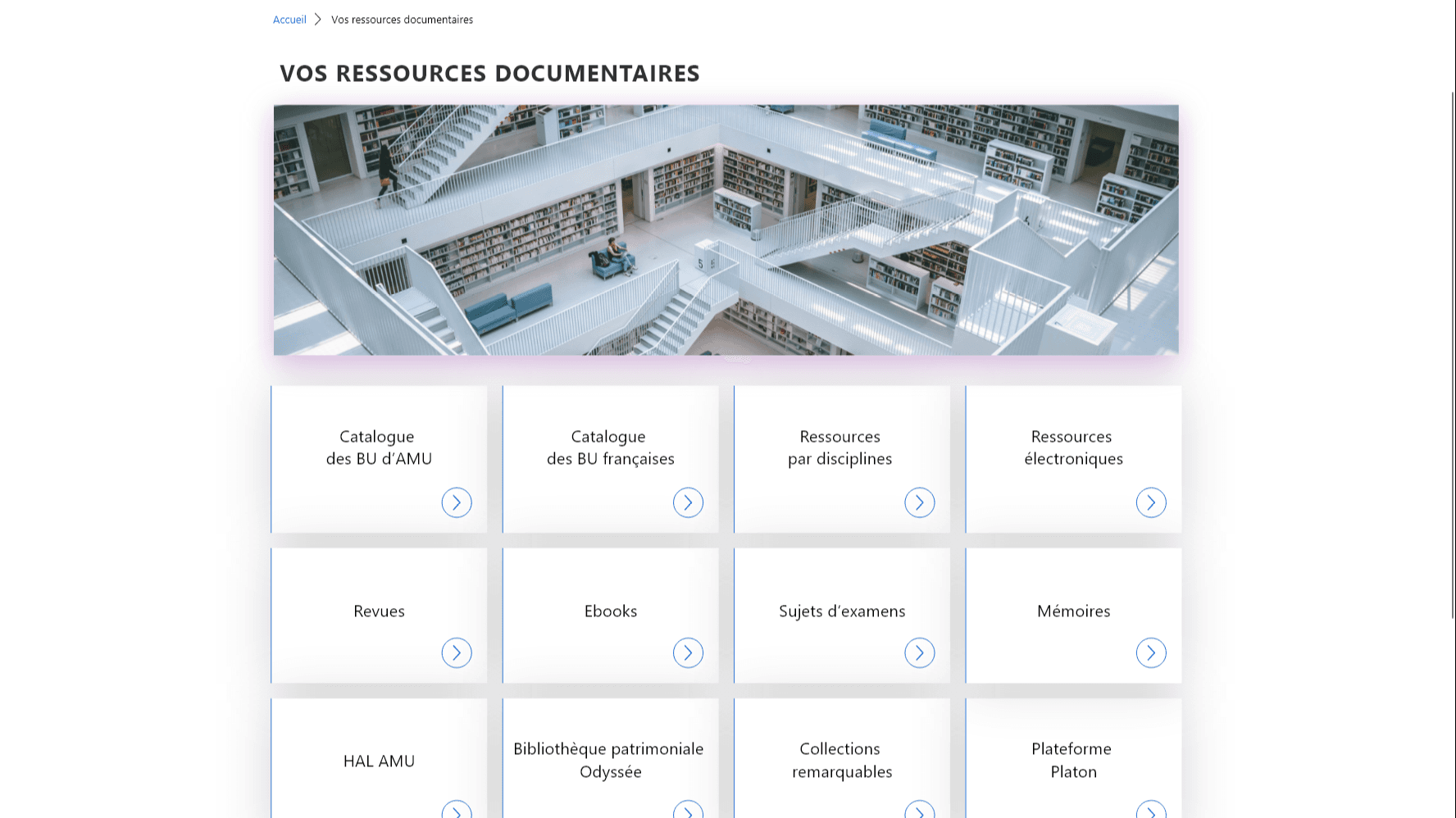 Documentary resources page: grid of entry points such as catalogues, journals, e-books and theses