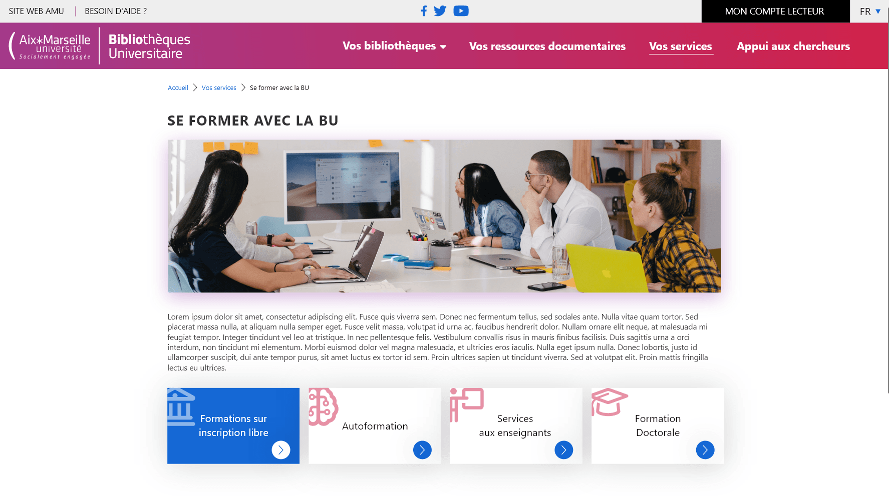 ‘Learn with the library’ page: introduction and four training entry cards