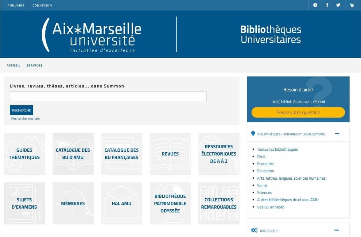 Screenshot of the previous BU website: blue institutional header, Summon search box and a grid of grey tiles
