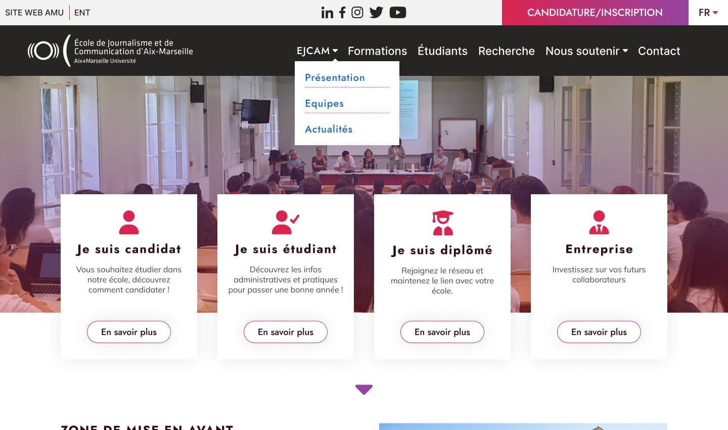 EJCAM website redesign — homepage with the four audience cards