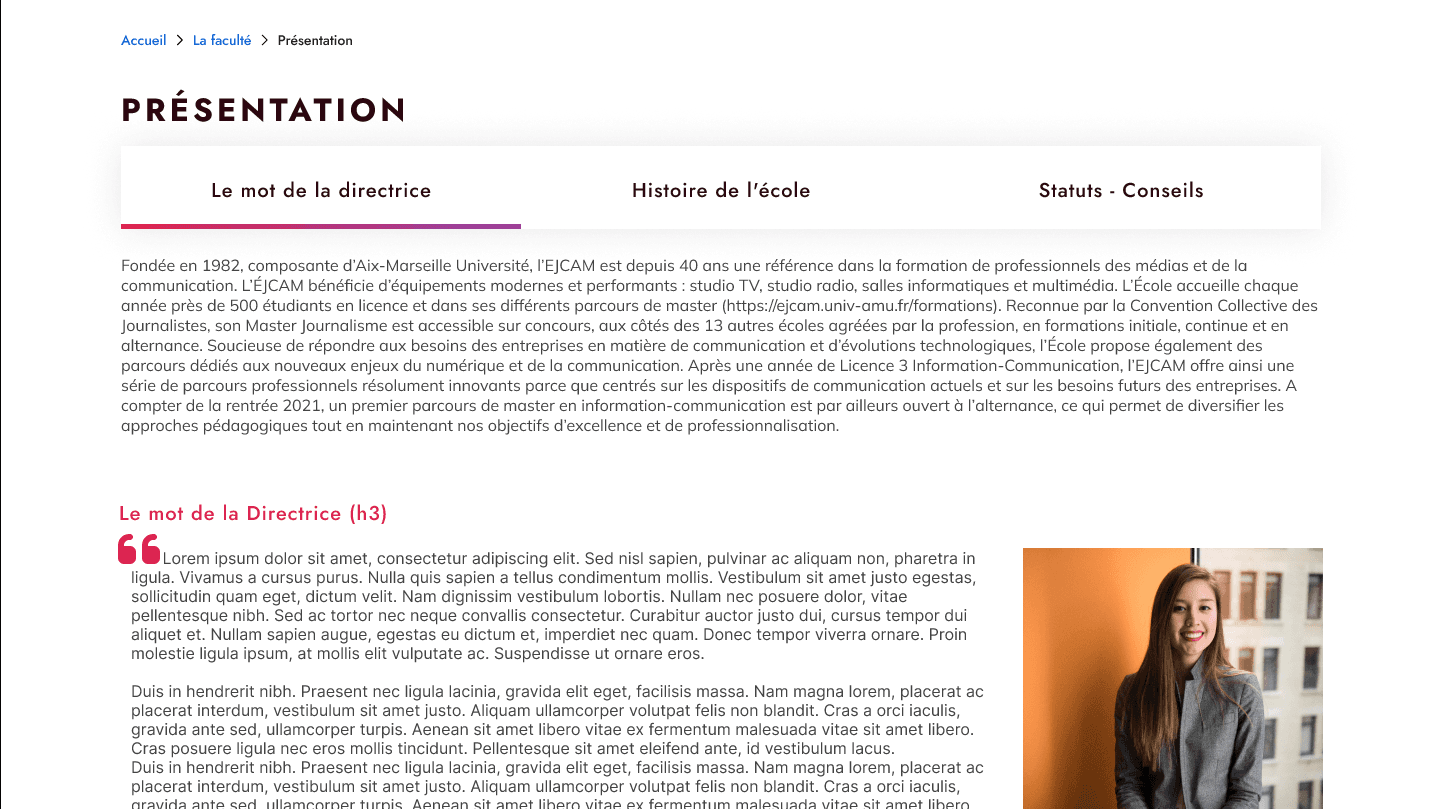 Presentation page: tabs for the director’s message, school history and statutes, with a quote block and portrait