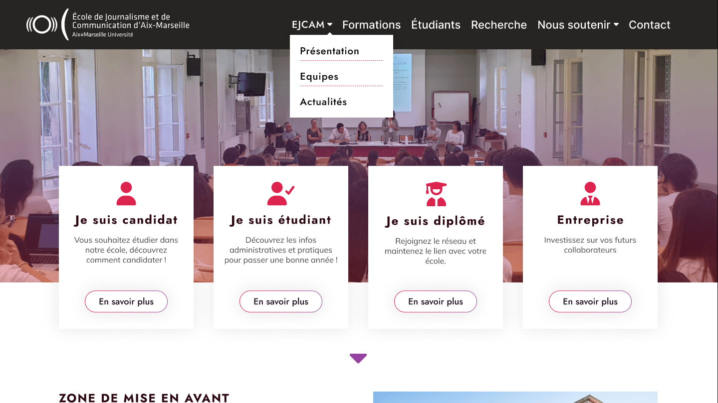Homepage: navigation with the EJCAM menu open, photo header and four audience cards (applicant, student, graduate, company)
