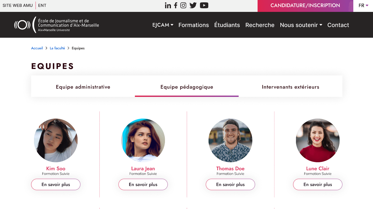Teams page: tabs by team and a grid of staff profile cards