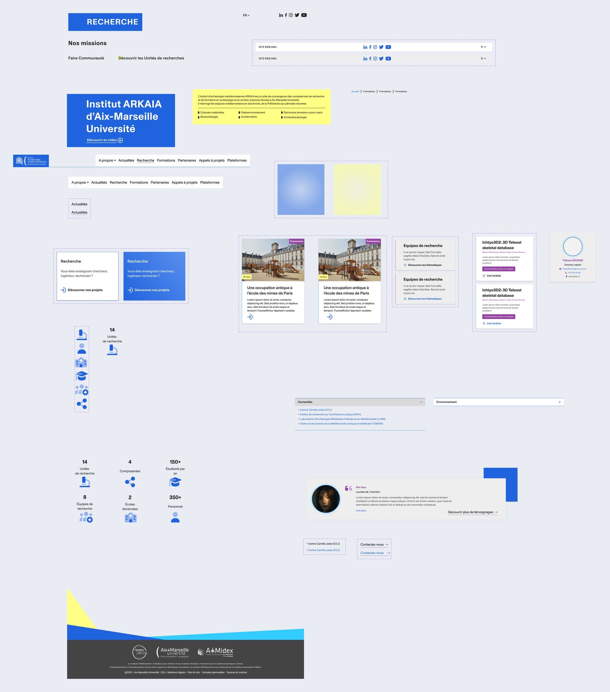 Component library board: header and navigation, hero blocks, audience cards, news and publication cards, key figures with icons, accordions, testimonial and footer