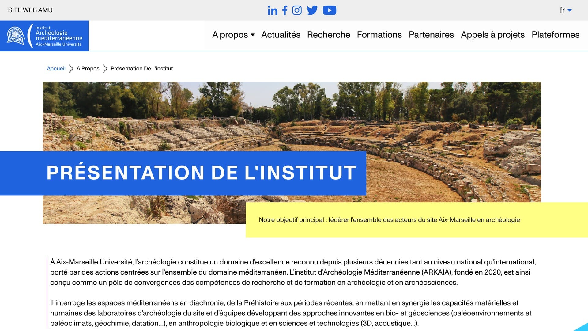 About the institute page: photo header with the title band, a yellow mission statement and introduction text