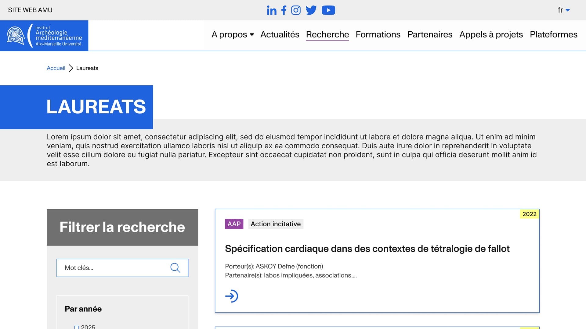 Laureates page: search filters next to a list of funded project cards