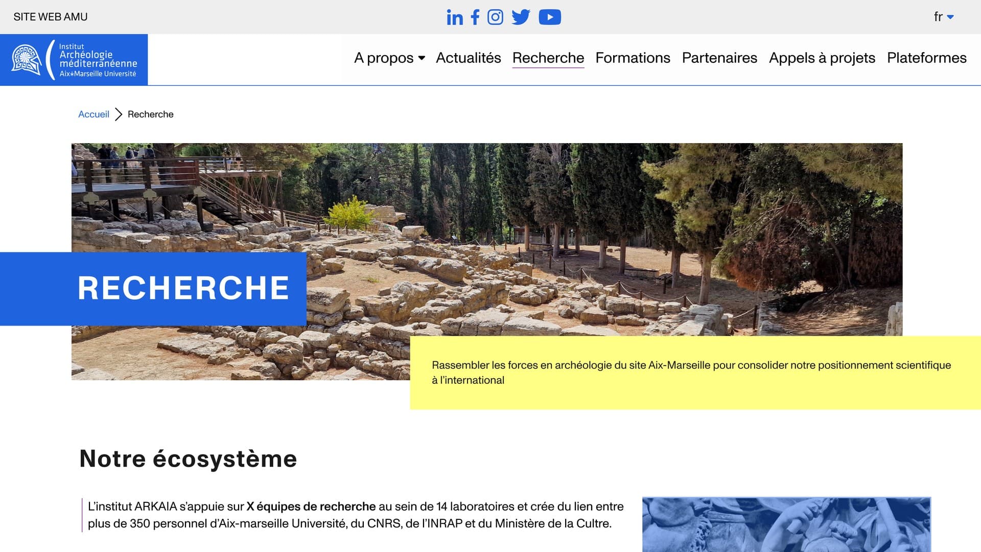 Research page: photo header with the title band and the institute's research ecosystem