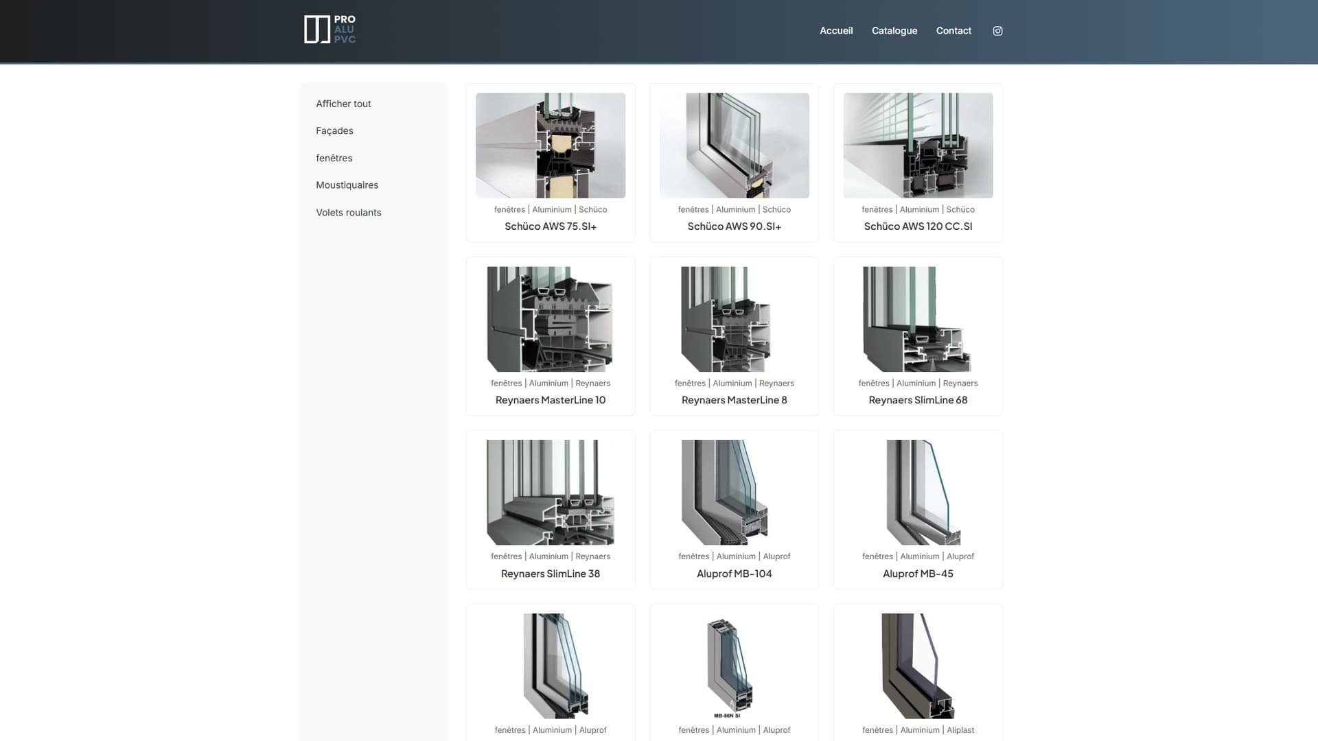 Catalogue: category filters next to a grid of window profiles tagged by type, material and brand