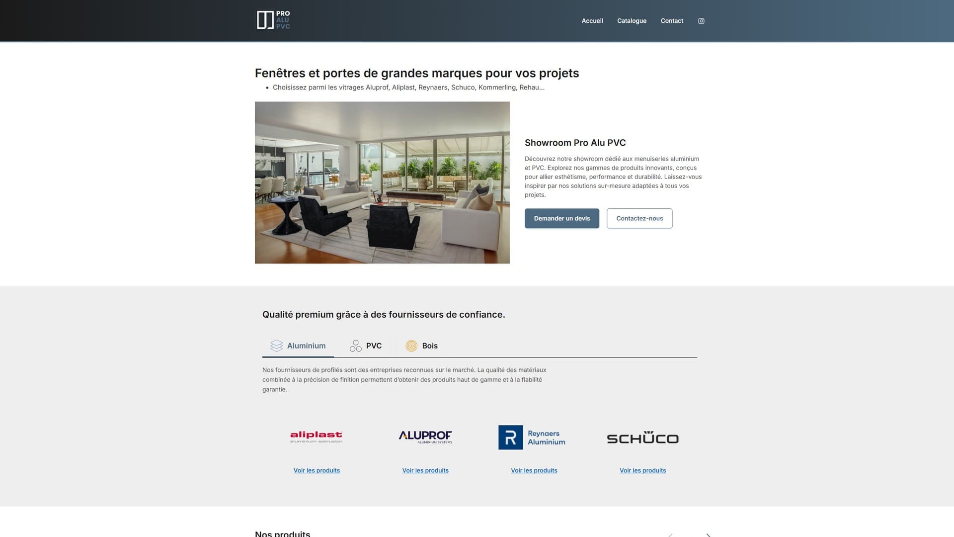 Homepage: headline about major brands, showroom photo with ‘Request a quote’ and ‘Contact us’ buttons, then materials tabs and brand logos