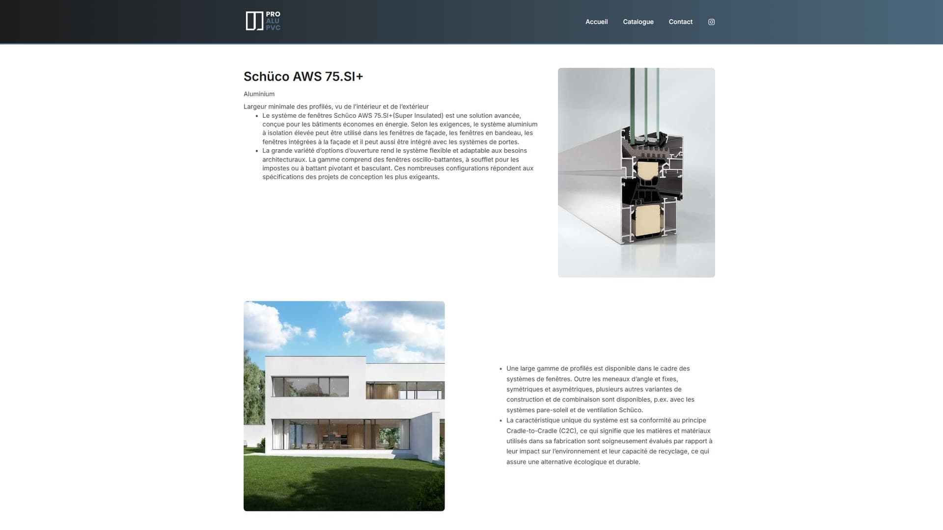Product page for the Schüco AWS 75.SI+ aluminium window: description, profile cross-section and a house photo